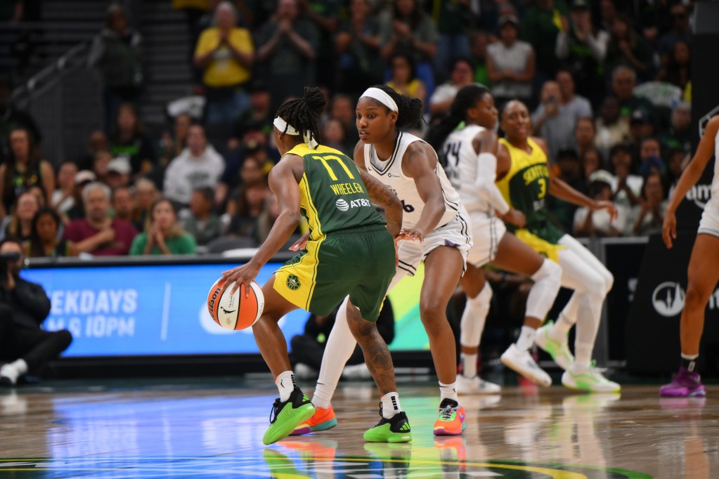 Golden State Valkyries guard Kaila Charles defends Seattle Storm guard <a rel=