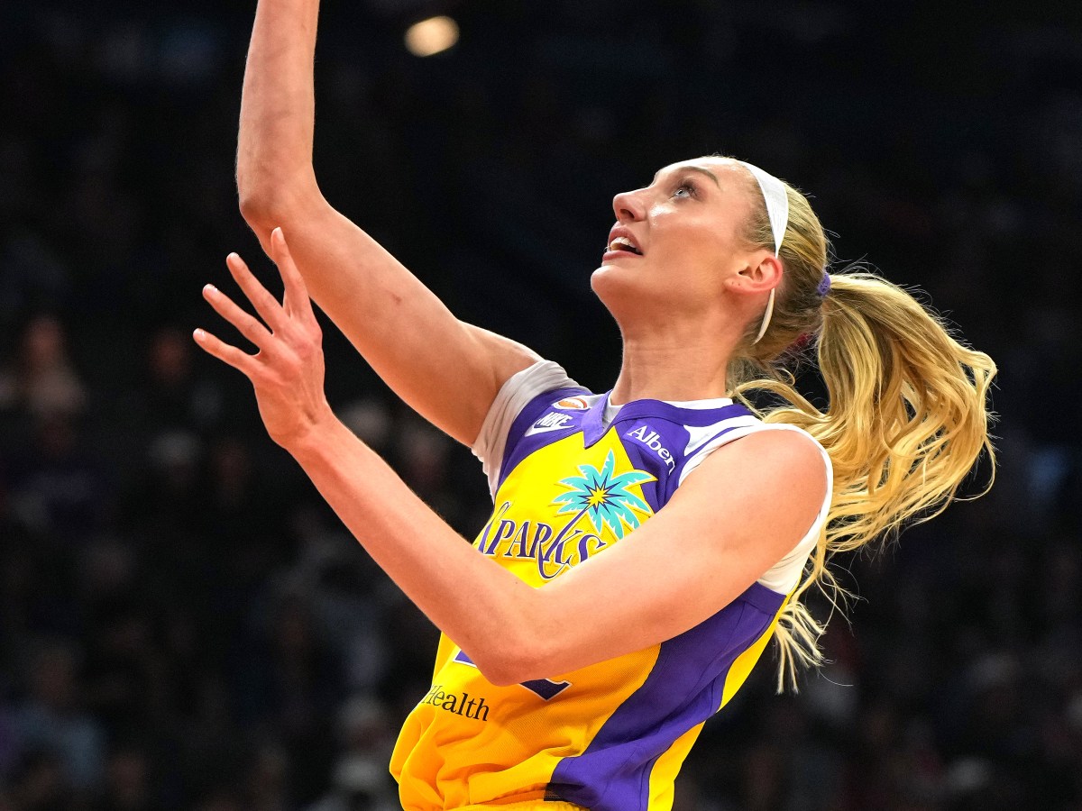 Cameron Brink shoots with her right hand under the basket against the Phoenix Mercury on May 21.