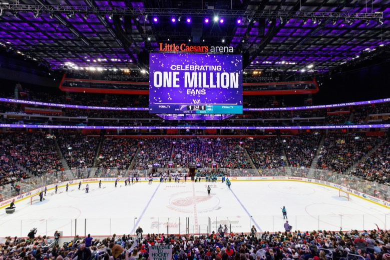 A wide shot of a PWHL Takeover Tour game in Detroit, Michigan.