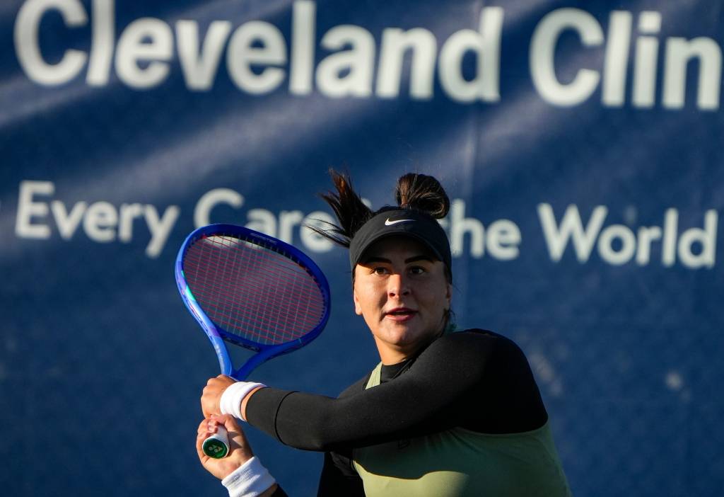 Bianca Andreescu finishes a backhand at an ITF World Tour event back in January.