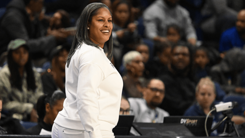 A woman wearing a white shirt is smiling during a basketball game.