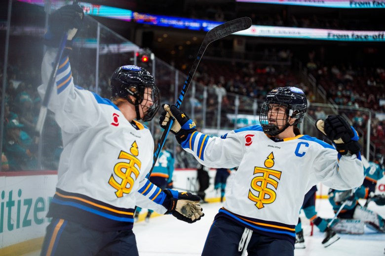 Toronto Sceptres player celebrate a goal.
