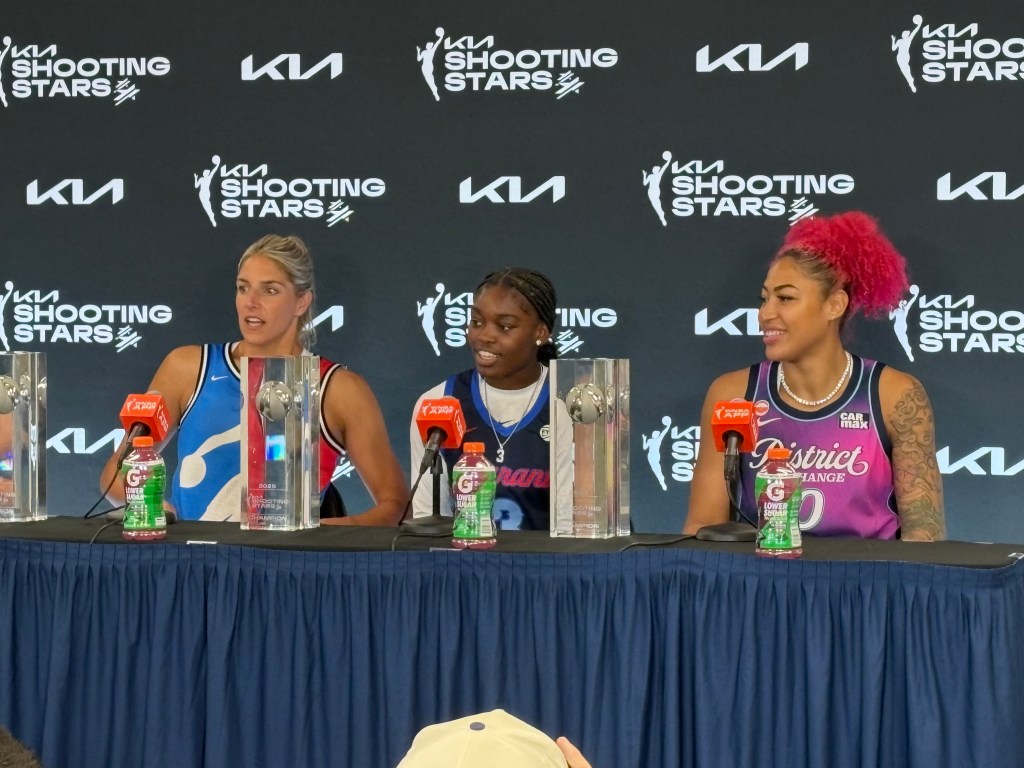 Team Washington after winning Shooting Stars at 2026 WNBA All-Star weekend; Elena Delle Donne, GG Banks, and Shakira Austin.