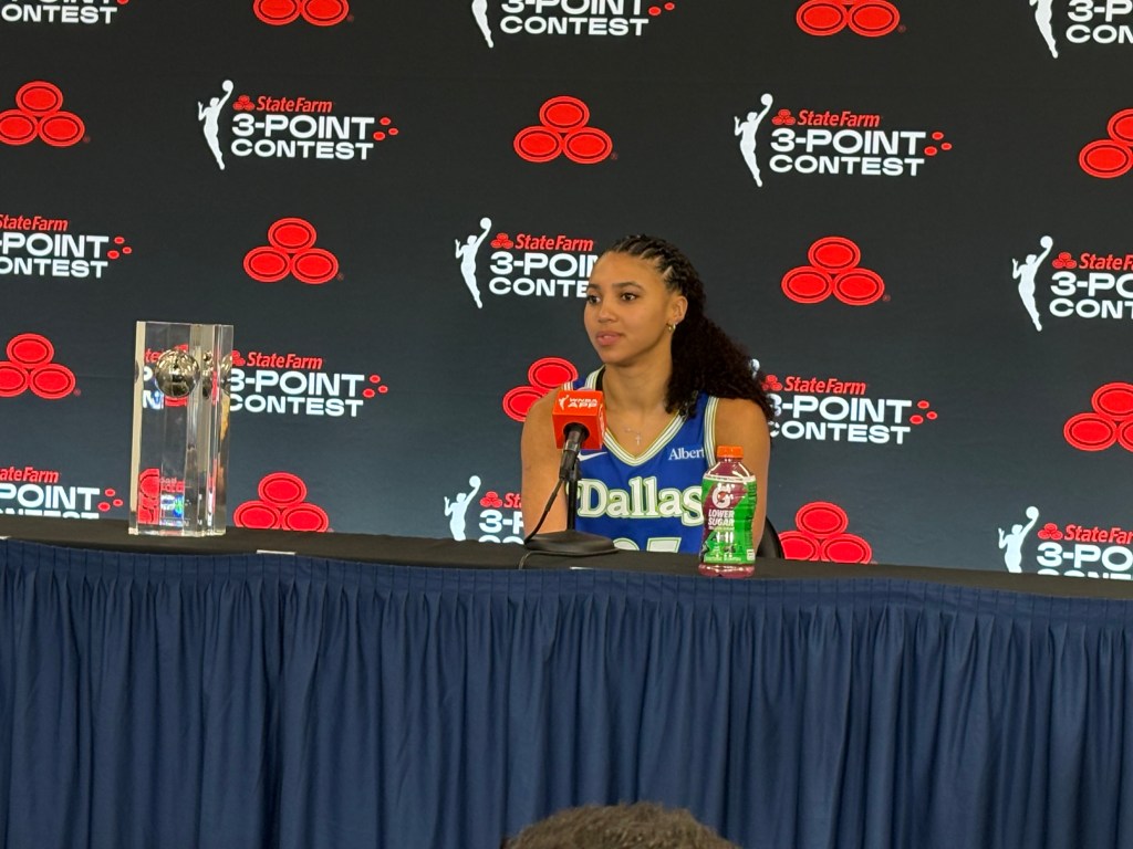Dallas Wings guard Azzi Fudd speaks to reporters after winning the 2026 WNBA All-Star 3-Point Shooting Contest on Jily 24, 2026.
