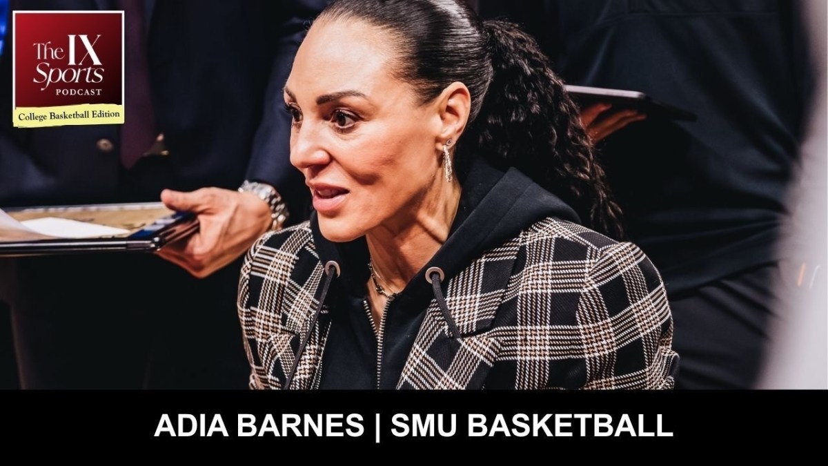 In the upper left hand corner is The IX Sports Podcast logo. At center, a woman wearing a black-checkered print. At the bottom is white text over black that says Adia Barnes | SMU Basketball.
