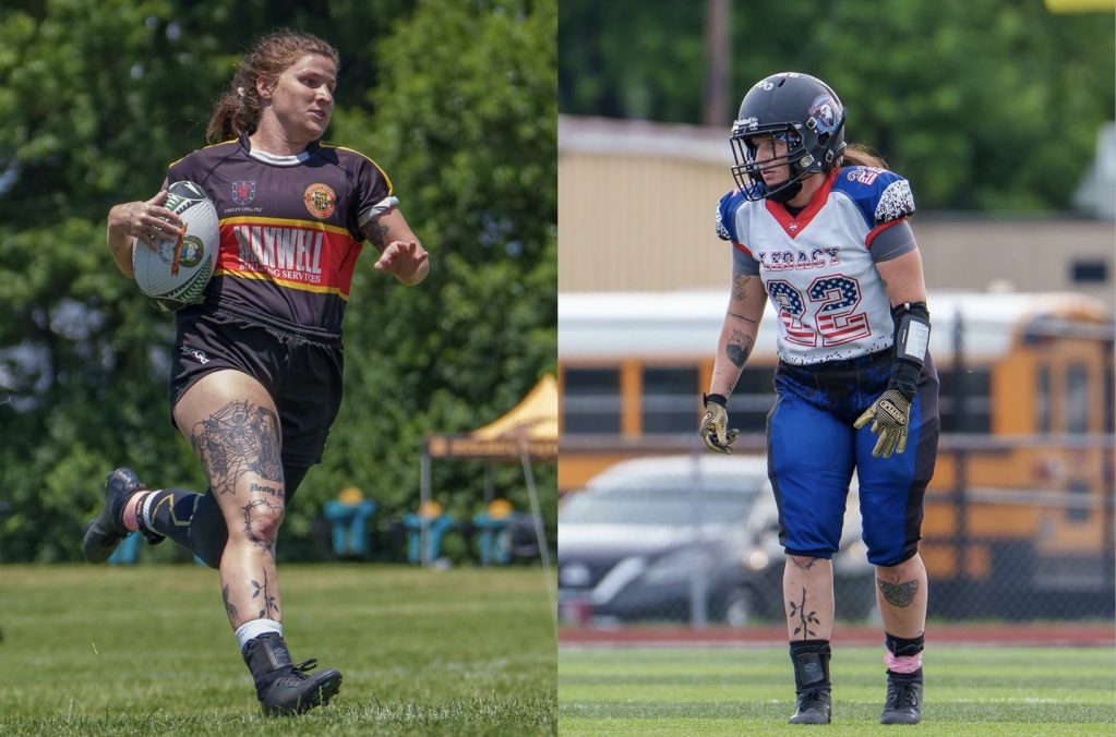 Side-by-side picture of rugby player and football player. Rugby player in black jersey with red stripe in the middle, holding a rugby ball. On the right is a football player in a black helmet, white jersey and blue shorts. Jersey reads "LEGACY" and No. 22.