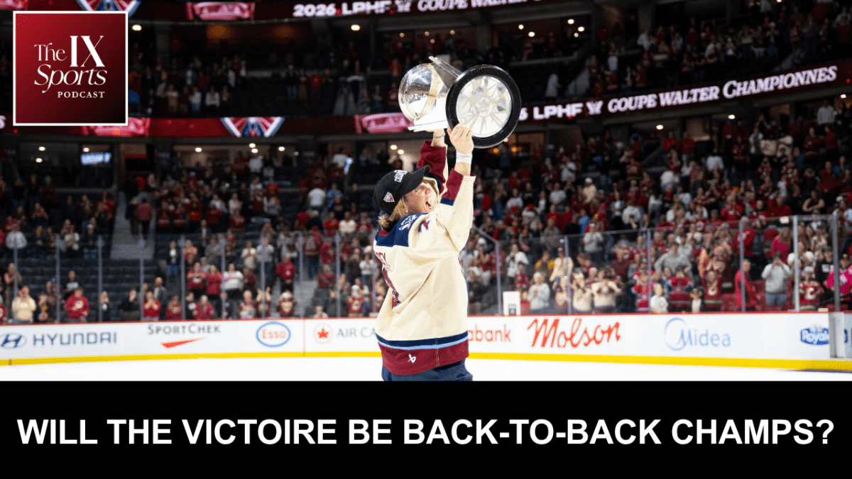 In the upper left corner, white text in a red logo square says The IX Sports Podcast. At center, a woman in a white hockey jersey stands at the center of a rink filled with fans, lifting a silver cup (the Walter Cup). At the bottom, a black rectangle runs across the length of the image. In white, all-caps text, it says, "Will the Victoire be back-to-back champs?"