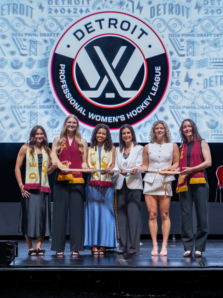 Casey Borgiel being drafted by PWHL Detroit and Manon Rhéaume.