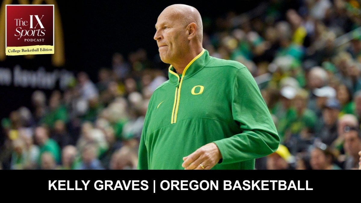 In the upper left corner, white text in a red logo square says The IX Sports Podcast. Below it, a yellow stripe says "College Basketball Edition." The large image at center is a man wearing a green pullober with a yellow "O" on his left side, the viewer's right. At the bottom, a black rectangle runs across the length of the image. In white, all-caps text, it says, "Kelly Graves | Oregon Basketball."