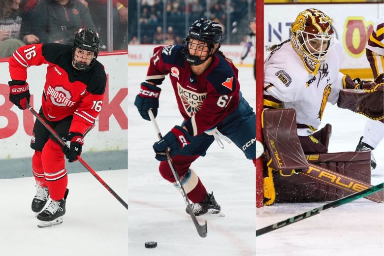 A collage of three women's ice hockey players.