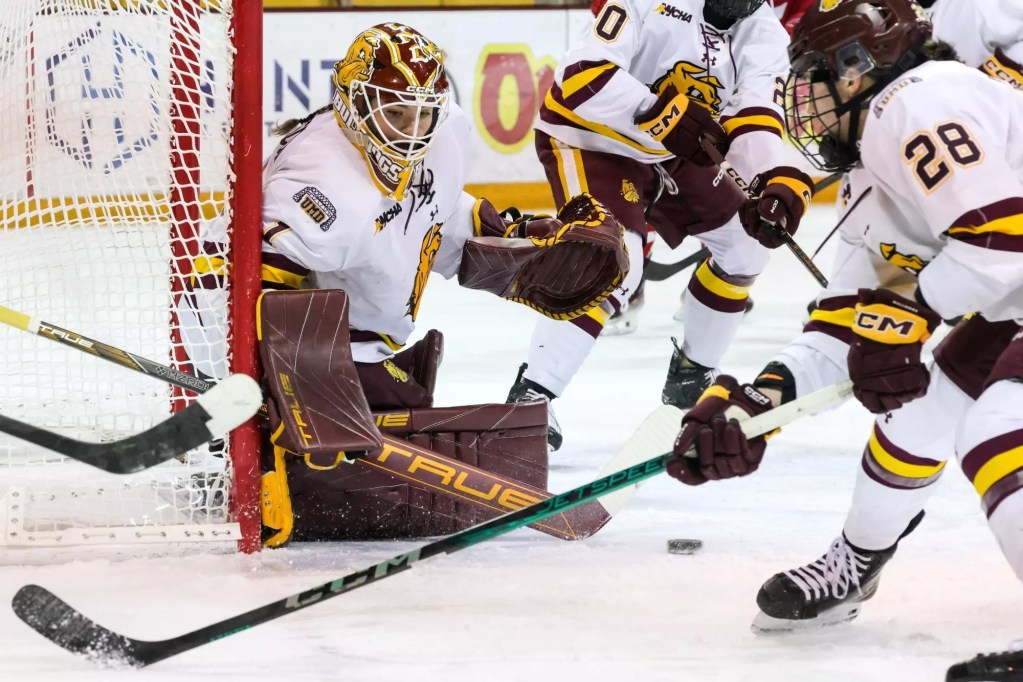 A women's ice hockey goalie makes a save.