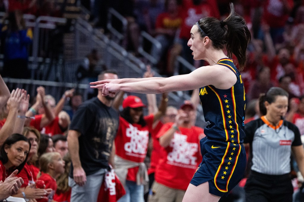 Indiana Fever guard Caitlin Clark reacts in Game 2 of the 2026 first round series against the Las Vegas Aces.