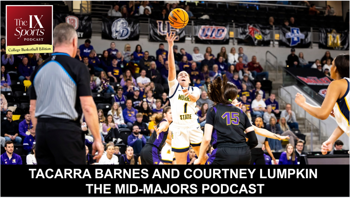In the upper left corner, white text in a red logo square says The IX Sports Podcast. Below that a yellow rectangle has the words "College Basketball Edition" written over it in black. The main image is og Halli Poock of Murray State jumping on the court in a white jersey wearing the number 1. Her hand is stretched abover her head toward the basketball. There is a player from the opposing team, in black with a purple 18 on her jersey, facing Poock. At the bottom, a black rectangle runs across the bottom of the photo. In white, all-caps text, it says "Tacarra Barnes and Courtney Lumpkin the Mid-Majors Podcast."