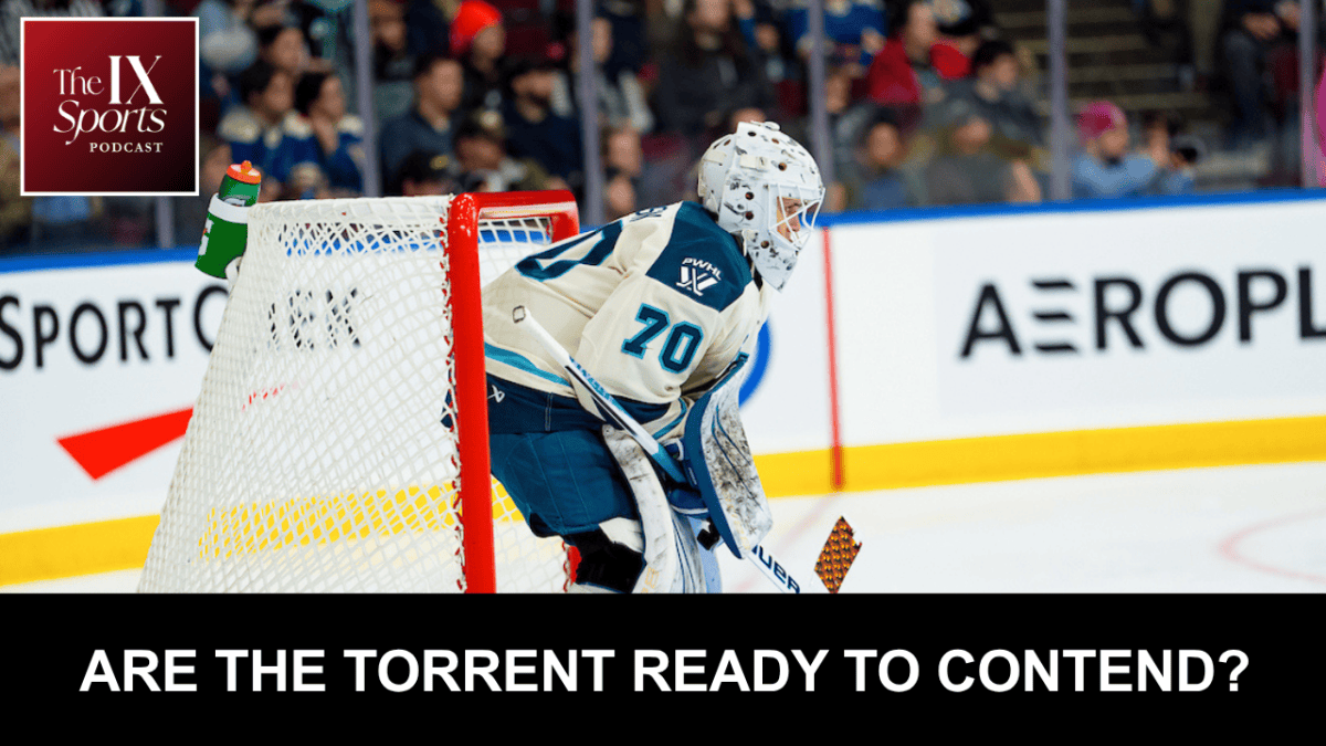 In the upper left corner, white text in a red logo square says The IX Sports Podcast. The large center photo is of Seattle Torrent goaltender Carly "CJ" Jackson on the ice, in the net, wearing a white Torrent jersey. At the bottom, a black rectangle runs across the length of the image. In white, all-caps text, it says, "Are the Torrent ready to contend?"