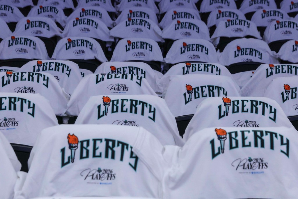 Souvenir t shirts are placed over the seats for fans prior to game three of the second round for the 2026 WNBA Playoffs between the Atlanta Dream and the New York Liberty at Barclays Center