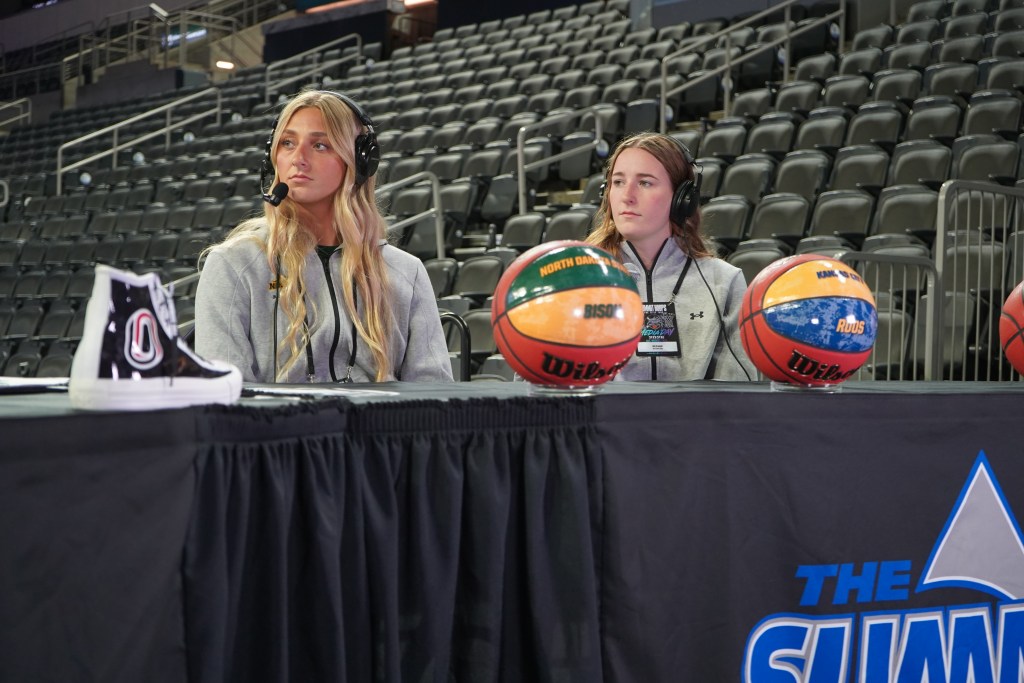 North Dakota State players talk to the media during the 2026 Summit League Media Day in Sioux Falls, SD.