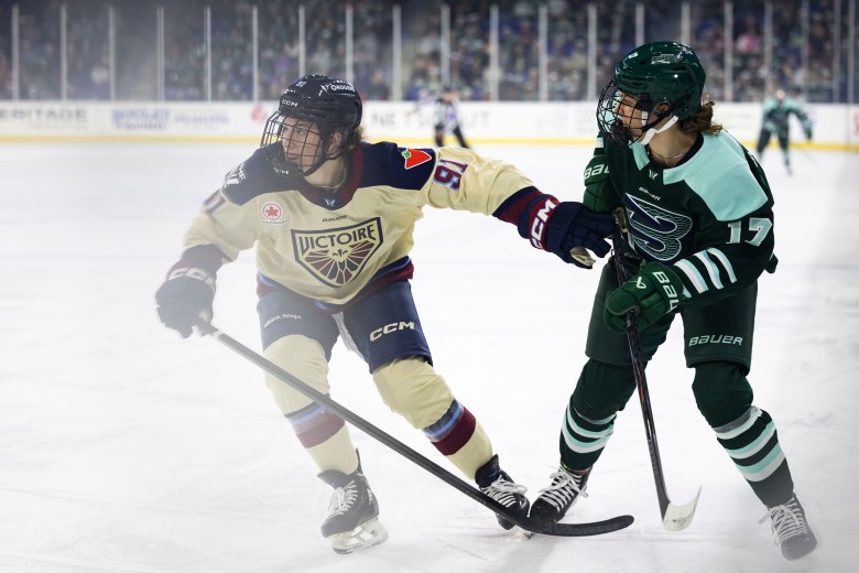 Players battle during a PWHL game in November 2025.