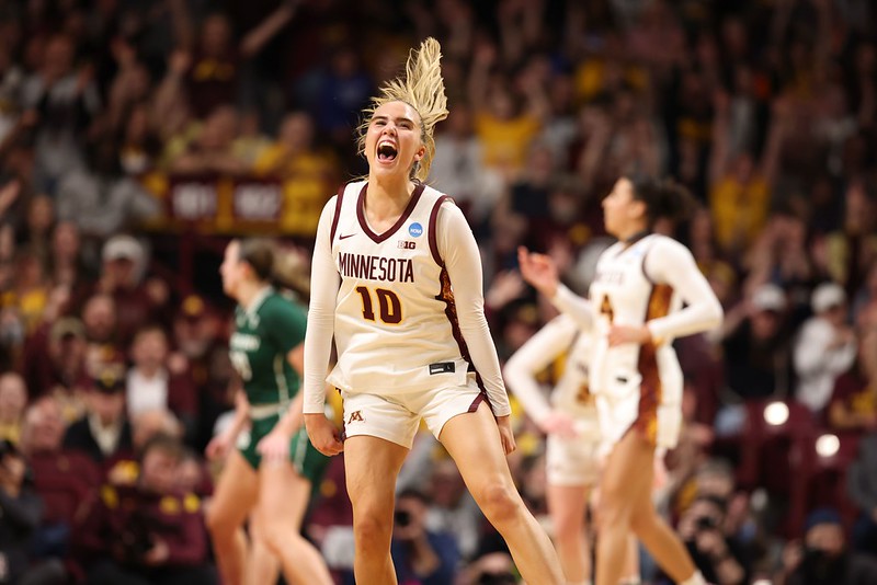 Minnesota guard Mara Braun celebrates during her team's victory in the 2026 NCAA Tournament.
