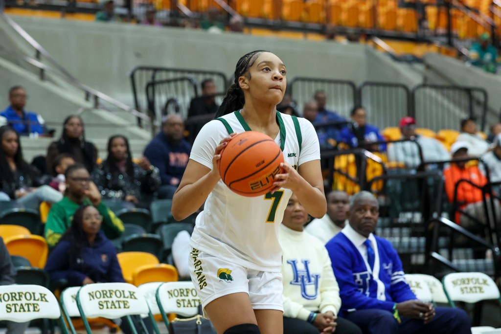 A player wearing a white shirt holding a ball is preparing to shoot.