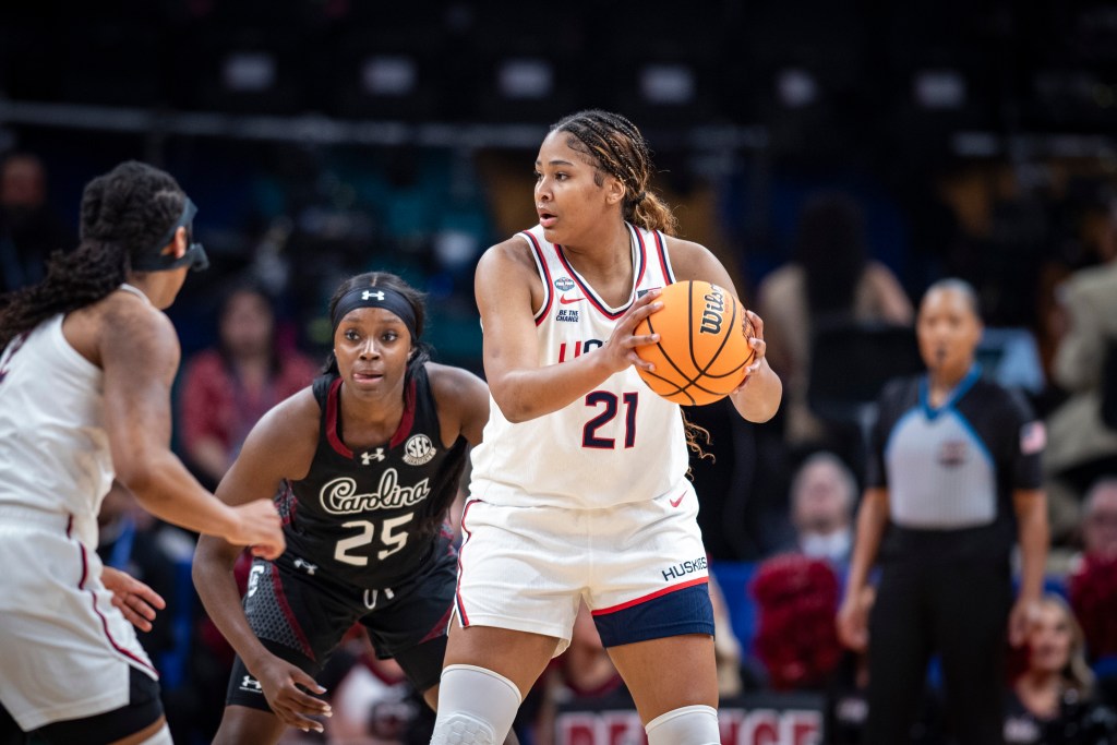 UConn All-American Sarah Strong looks to pass the ball during a game in the 2026 Final Four.