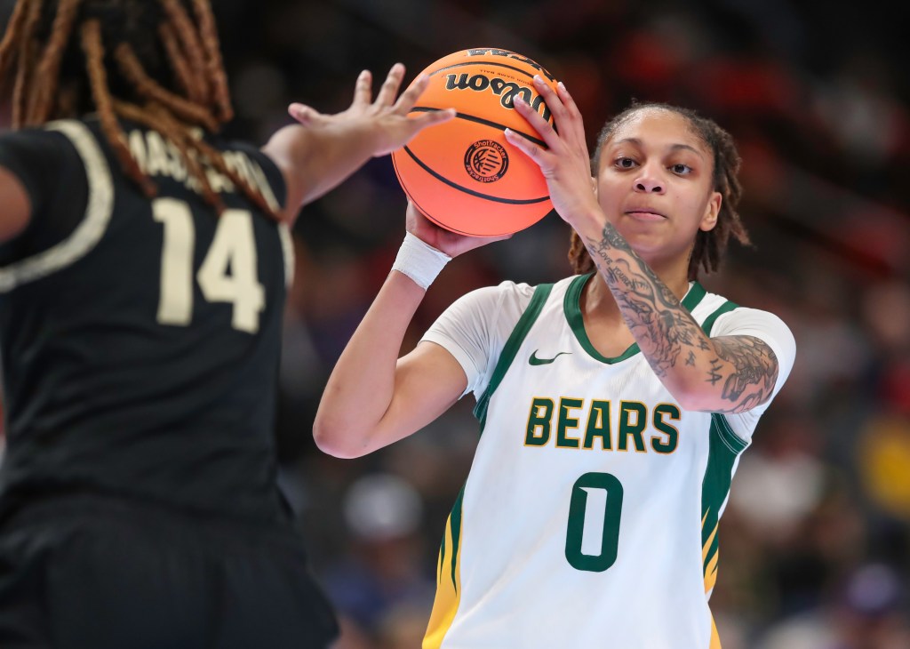 Baylor guard Talia Scott looks the pass the basketball during the 2026 Big 12 Tournament.