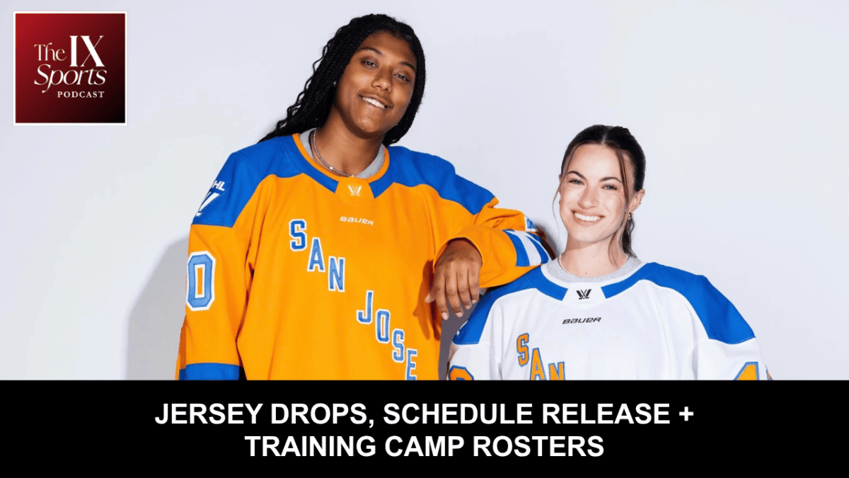In the upper left corner, white text in a red logo square says The IX Sports Podcast. The main image is of Layla Edwards in an orange San Jose jersey with Kristin O'Neill in a white San Jose jersey. At the bottom, a black rectangle runs across the bottom of the photo. In white, all-caps text, it says "Jersey drops schedule release + training camp rosters."