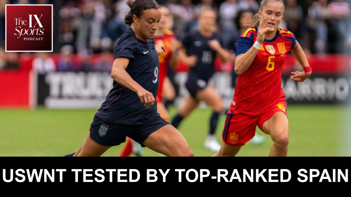 In the upper left corner, white text in a red logo square says The IX Sports Podcast. In the main image, United States forward Mallory Swanson (9) controls the ball against Spain in the second half at Audi Field. (At the bottom, a black rectangle runs across the bottom of the photo. In white, all-caps text it says: USWNT tested by top-ranked Spain.