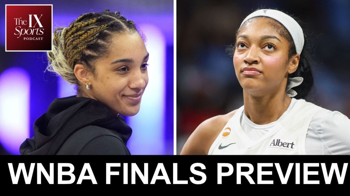 In the upper left corner, white text in a red logo square says The IX Sports Podcast. At left, Gabby Williams in a black hoodie, from the side, from the shoulders up. At right, Angel Reese, in a white jersey and left arm sleeve and white headband. At the bottom, a black rectangle runs across the bottom of the photo. In white, all-caps text, it says, in quotes 'WNBA Finals Preview.'