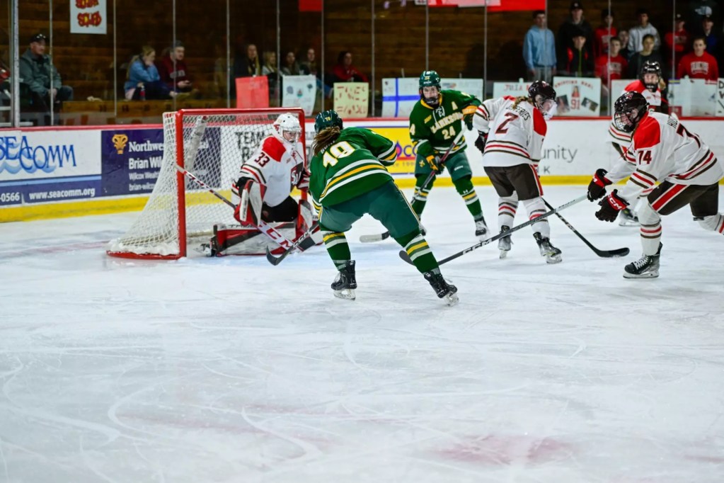 Women's hockey players play in front of a goalie.